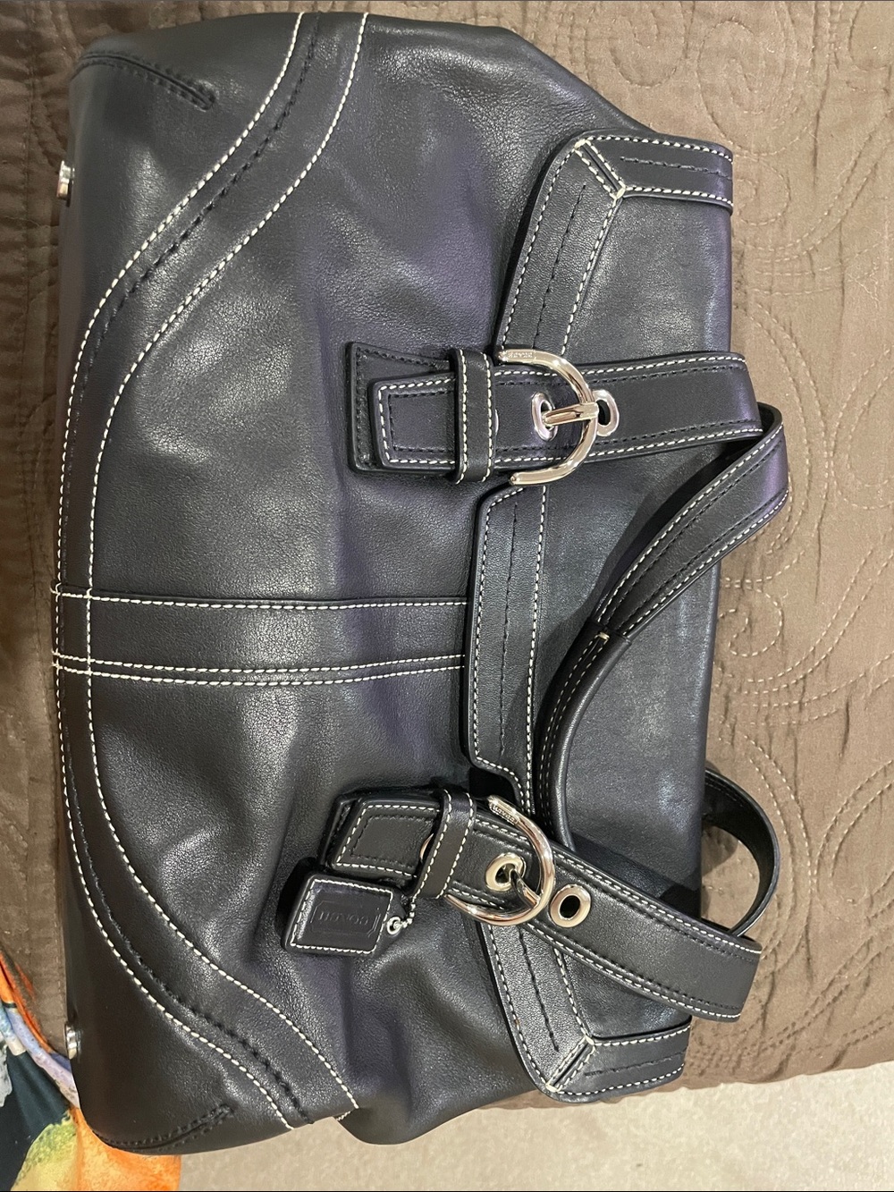 Coach Black Leather Shoulder Bag with Contrast Stitching
